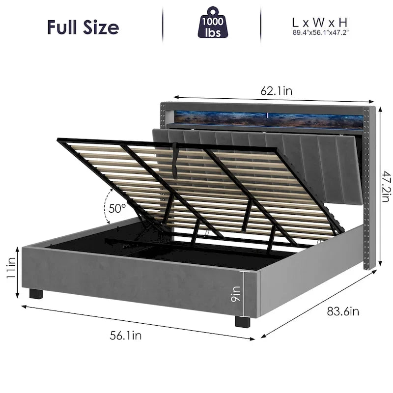 Lit de rangement de luxe avec vérin à gaz et lumières LED
