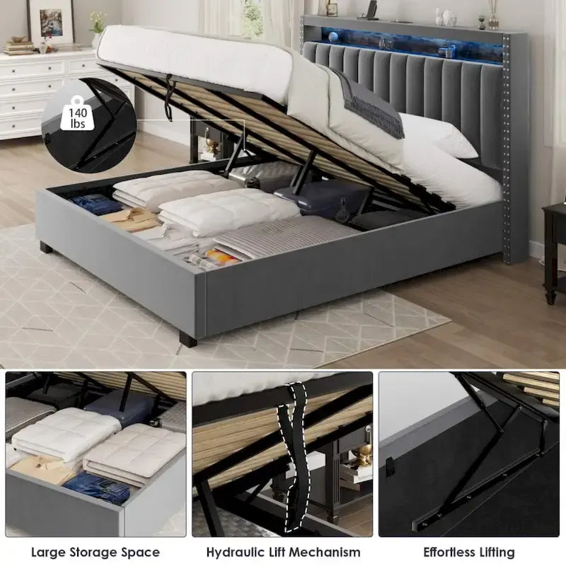 Lit de rangement de luxe avec vérin à gaz et lumières LED