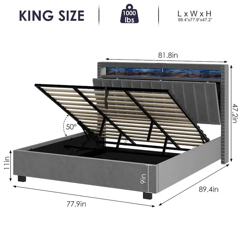 Lit de rangement de luxe avec vérin à gaz et lumières LED