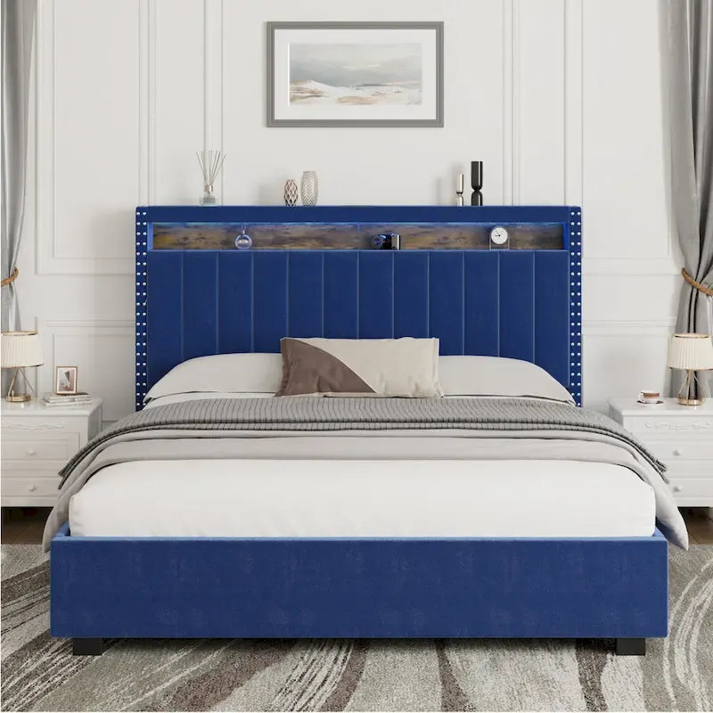 Lit de rangement de luxe avec vérin à gaz et lumières LED
