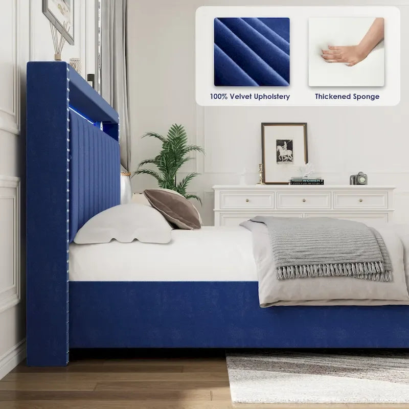 Lit de rangement de luxe avec vérin à gaz et lumières LED
