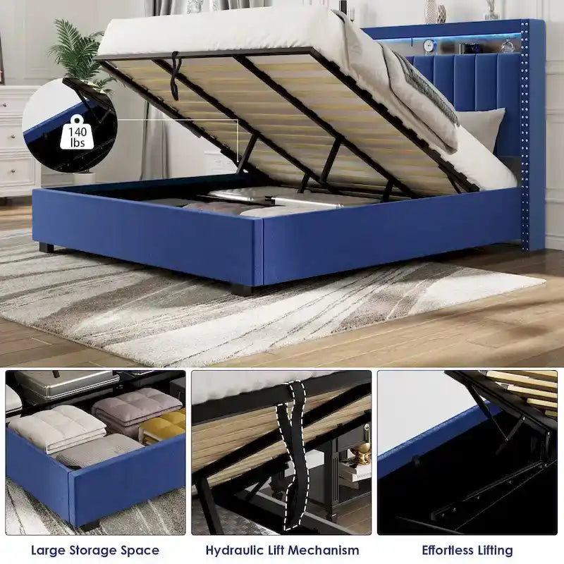 Lit de rangement de luxe avec vérin à gaz et lumières LED