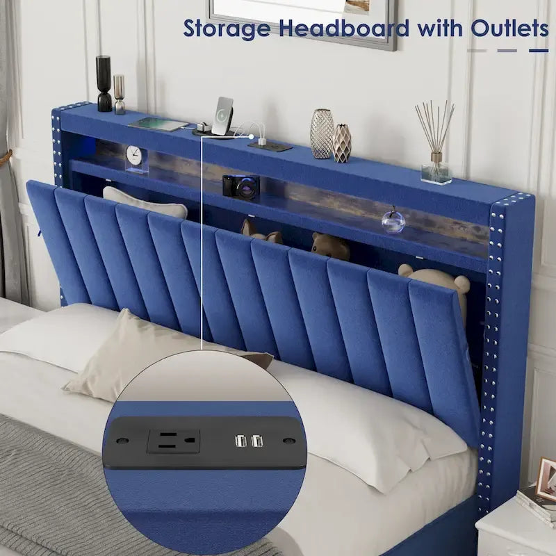 Lit de rangement de luxe avec vérin à gaz et lumières LED