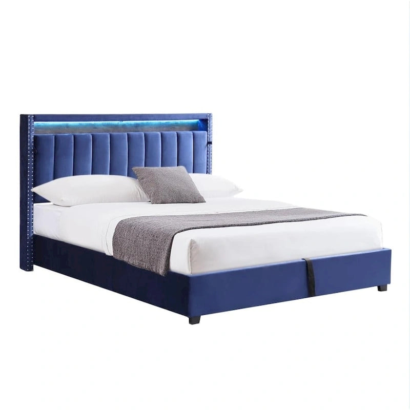 Lit de rangement de luxe avec vérin à gaz et lumières LED