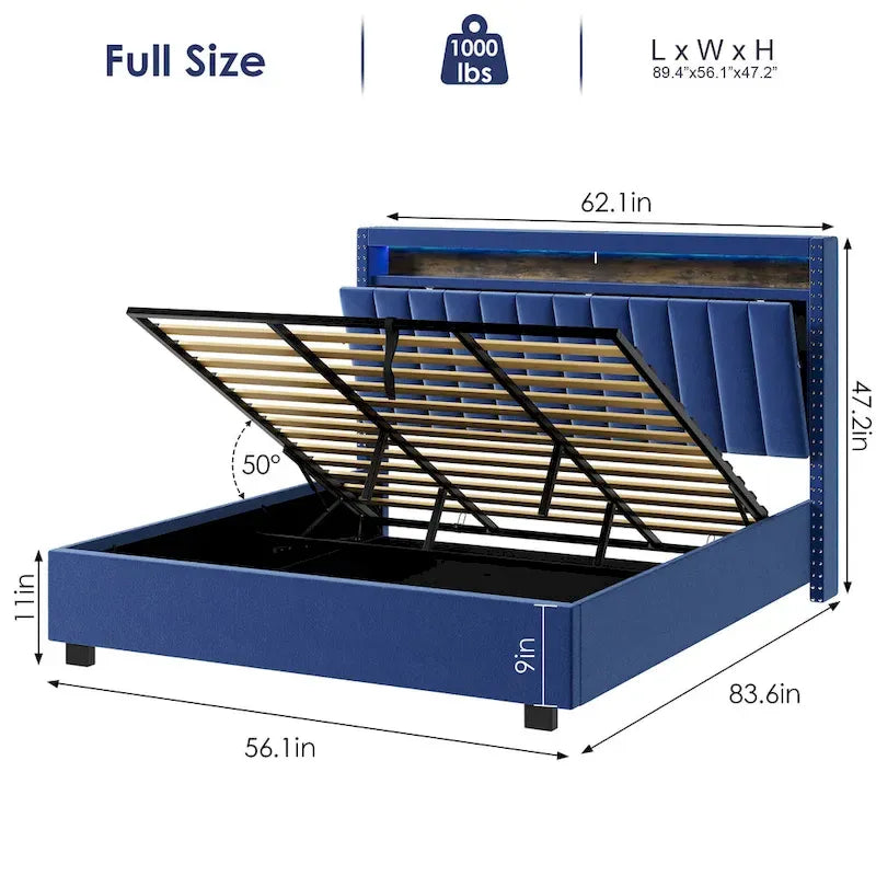 Lit de rangement de luxe avec vérin à gaz et lumières LED