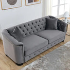 Canapé 3 places en velours moderne gris 77 avec dossiers capitonnés et clous décoratifs