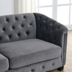 Canapé 3 places en velours moderne gris 77 avec dossiers capitonnés et clous décoratifs