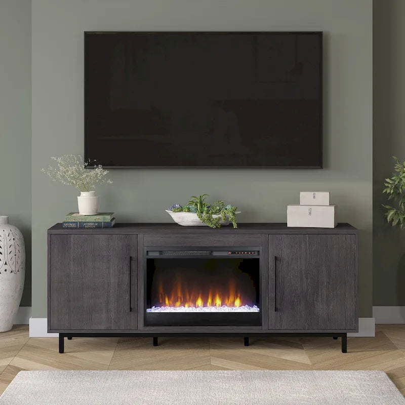 Meuble TV rectangulaire avec cheminée à cristaux pour téléviseurs jusqu'à 75 pouces