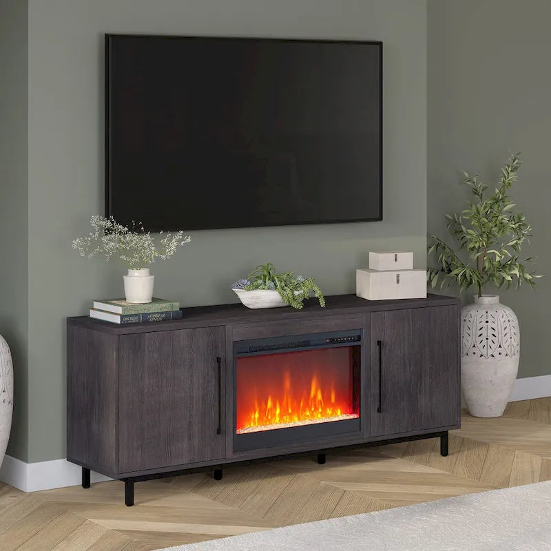 Meuble TV rectangulaire avec cheminée à cristaux pour téléviseurs jusqu'à 75 pouces