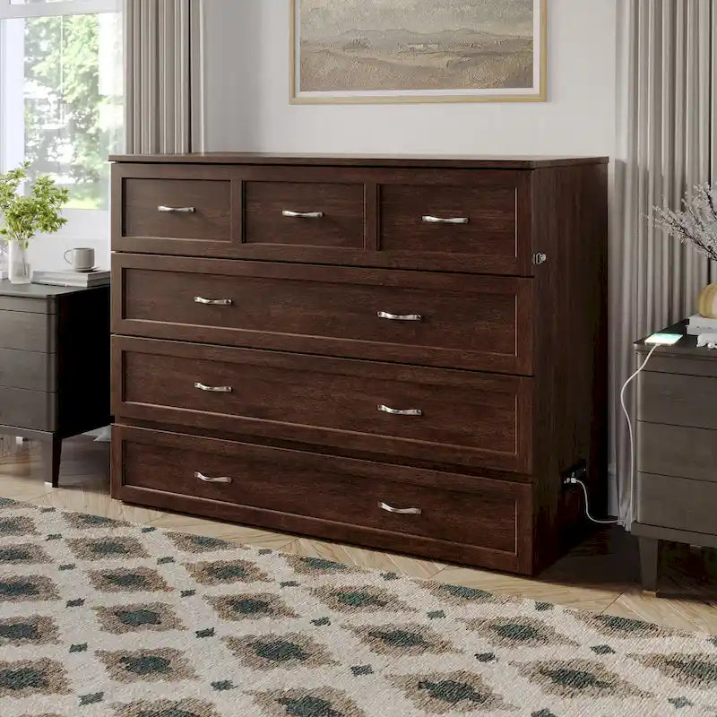 Armoire lit escamotable double avec matelas, couleur ambre brûlé