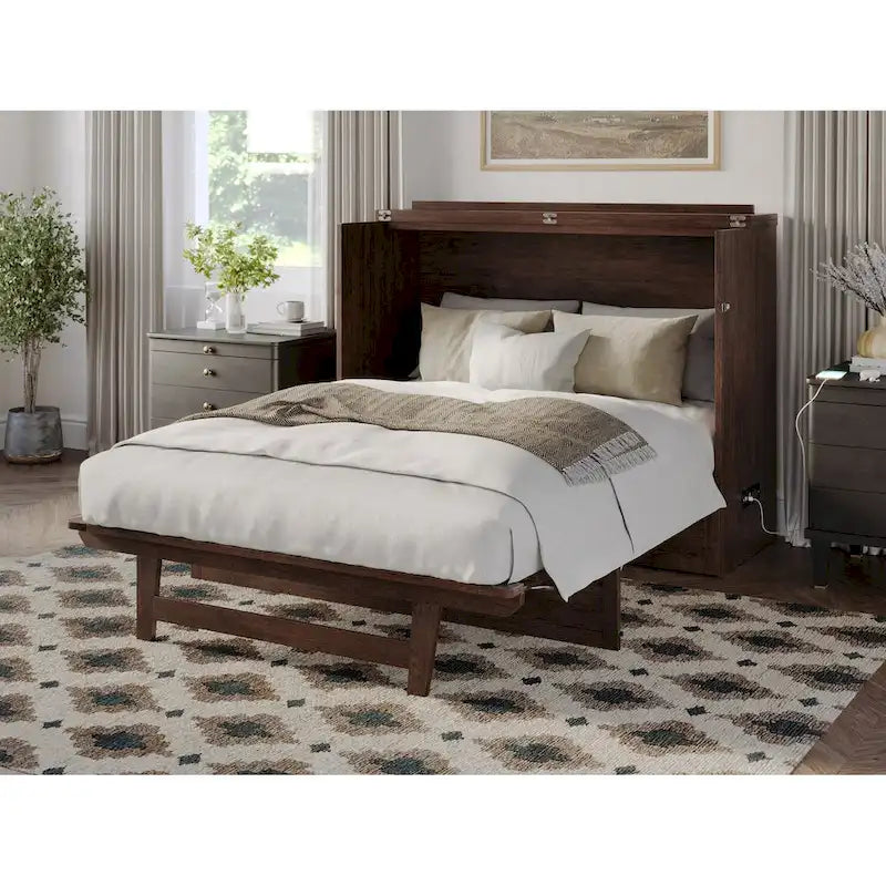 Armoire lit escamotable double avec matelas, couleur ambre brûlé