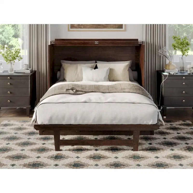 Armoire lit escamotable double avec matelas, couleur ambre brûlé
