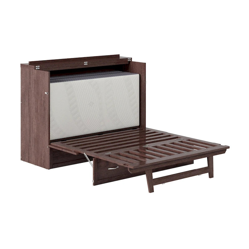 Armoire lit escamotable double avec matelas, couleur ambre brûlé