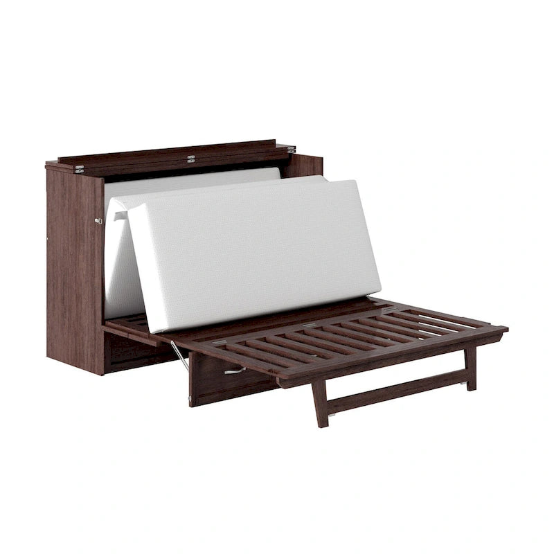 Armoire lit escamotable double avec matelas, couleur ambre brûlé
