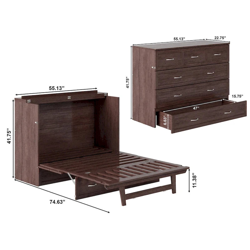 Armoire lit escamotable double avec matelas, couleur ambre brûlé