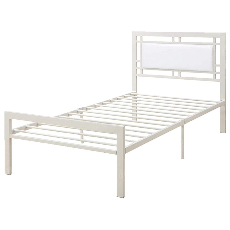 Lit double à cadre métallique avec tête de lit capitonnée en cuir blanc
