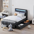 Lit plateforme capitonné double avec cadre LED et 2 tiroirs