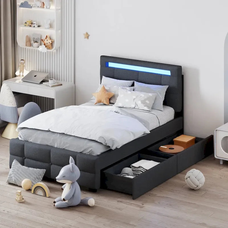 Lit plateforme capitonné double avec cadre LED et 2 tiroirs
