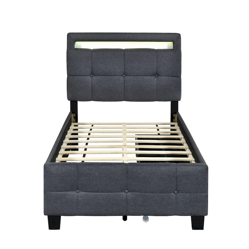 Lit plateforme capitonné double avec cadre LED et 2 tiroirs