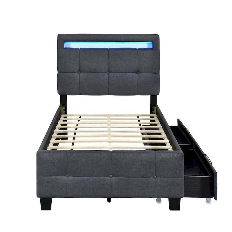 Lit plateforme capitonné double avec cadre LED et 2 tiroirs