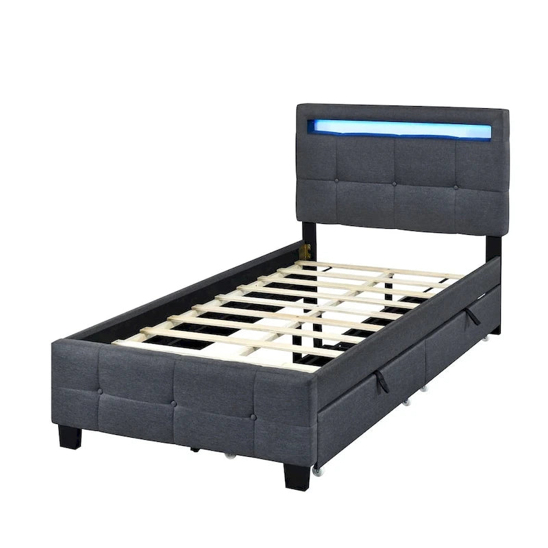 Lit plateforme capitonné double avec cadre LED et 2 tiroirs