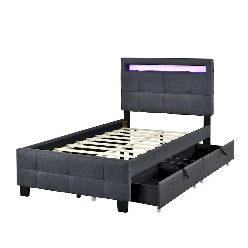 Lit plateforme capitonné double avec cadre LED et 2 tiroirs