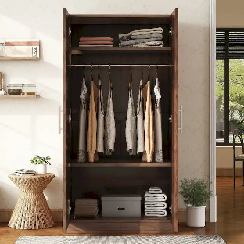 Armoire penderie en bois à 2 portes avec 3 étagères de rangement, marron