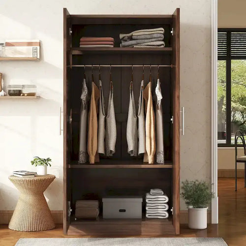 Armoire penderie en bois à 2 portes avec 3 étagères de rangement, marron