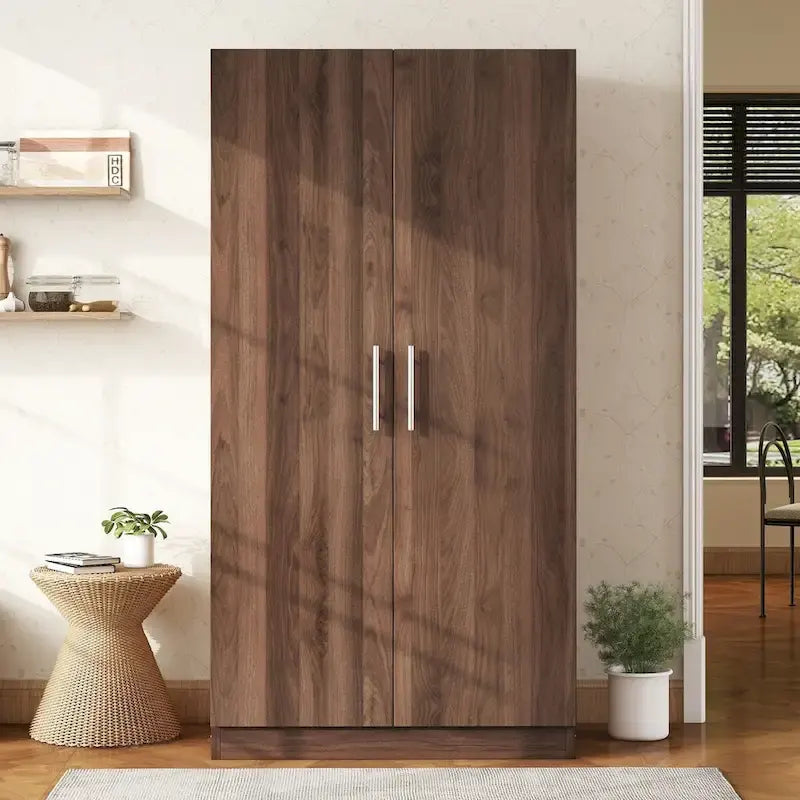 Armoire penderie en bois à 2 portes avec 3 étagères de rangement, marron