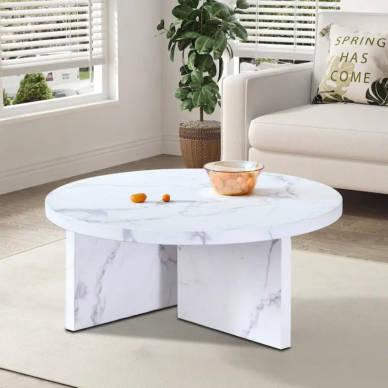 Table basse ronde moderne et élégante en bois avec surface en placage imitation marbre
