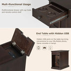 Table d'appoint étroite multifonctionnelle classique vintage avec ports USB et 1 tiroir avec porte-gobelets, table d'appoint de canapé