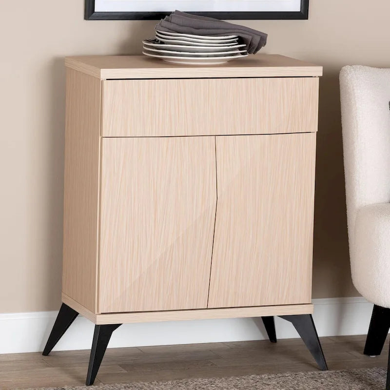 Enfilade buffet deux portes en bois bicolore marron clair et noir, style Mid-Century Modern