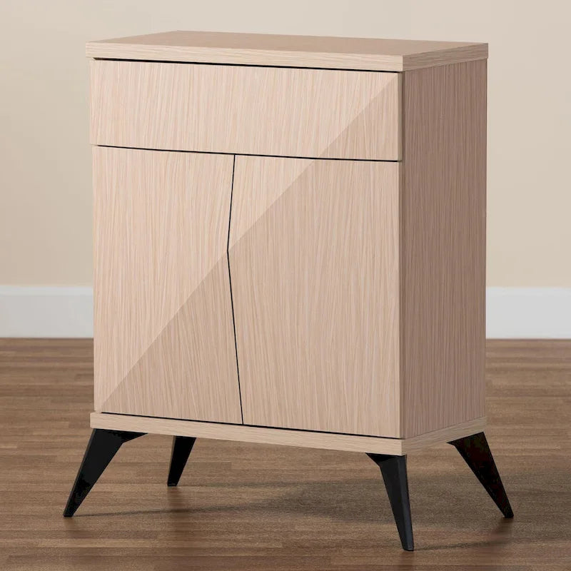 Enfilade buffet deux portes en bois bicolore marron clair et noir, style Mid-Century Modern
