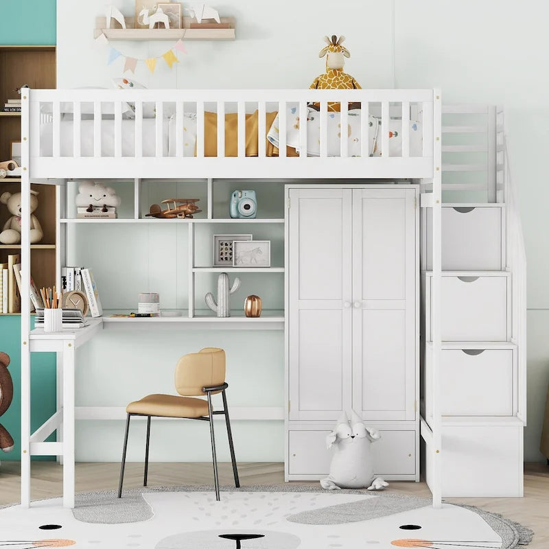 Lit mezzanine complet avec escalier, armoire, bureau, étagère et tiroirs