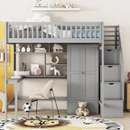 Lit mezzanine complet avec escalier, armoire, bureau, étagère et tiroirs