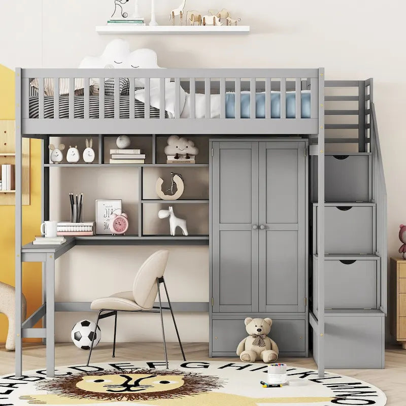 Lit mezzanine complet avec escalier, armoire, bureau, étagère et tiroirs