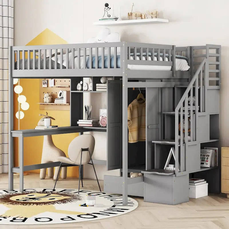 Lit mezzanine complet avec escalier, armoire, bureau, étagère et tiroirs