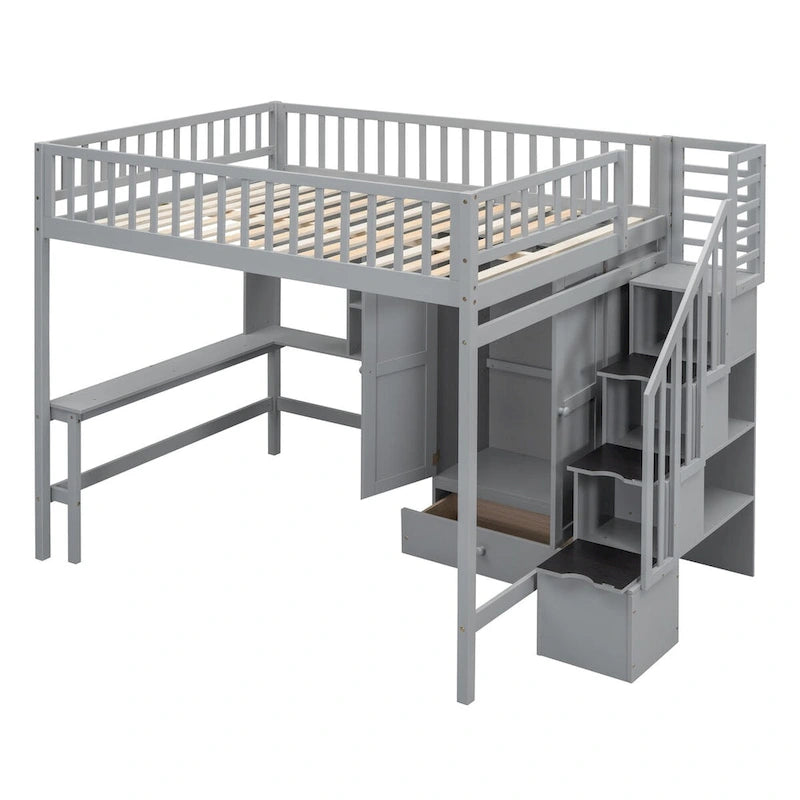 Lit mezzanine complet avec escalier, armoire, bureau, étagère et tiroirs