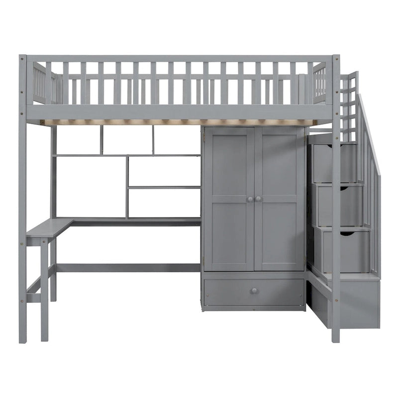 Lit mezzanine complet avec escalier, armoire, bureau, étagère et tiroirs