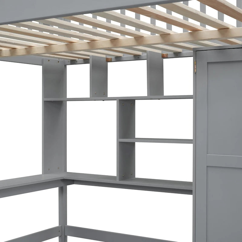 Lit mezzanine complet avec escalier, armoire, bureau, étagère et tiroirs