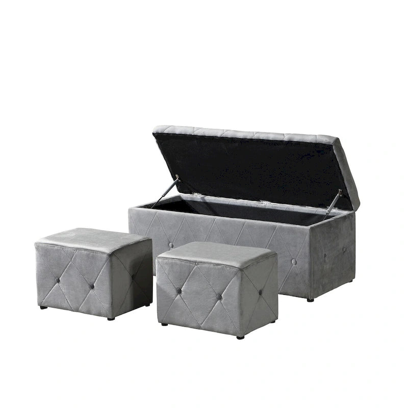 Banc de rangement rectangulaire en velours court avec 2 poufs