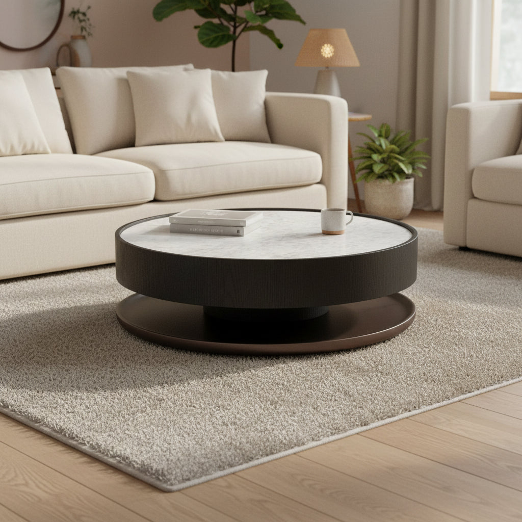 Modrest Miranda Modern Ceramic + Black Oak Round Coffee Table