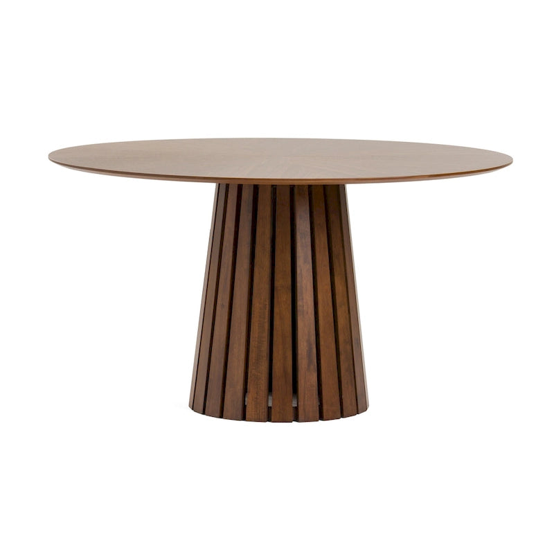Table à manger ronde de 54 pouces, placage de noyer, piétement à lattes