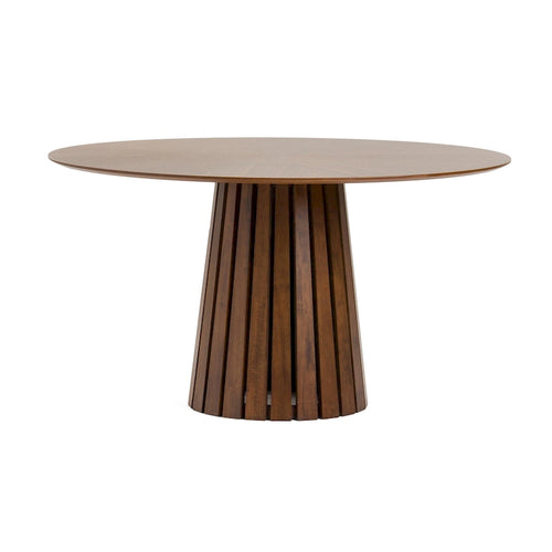 Table à manger ronde de 54 pouces, placage de noyer, piétement à lattes