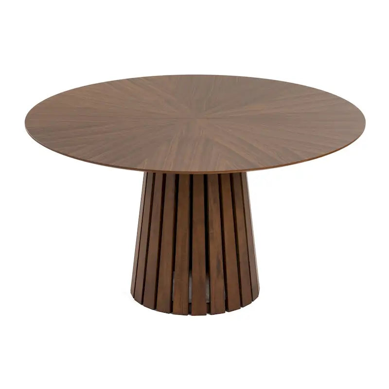 Table à manger ronde de 54 pouces, placage de noyer, piétement à lattes