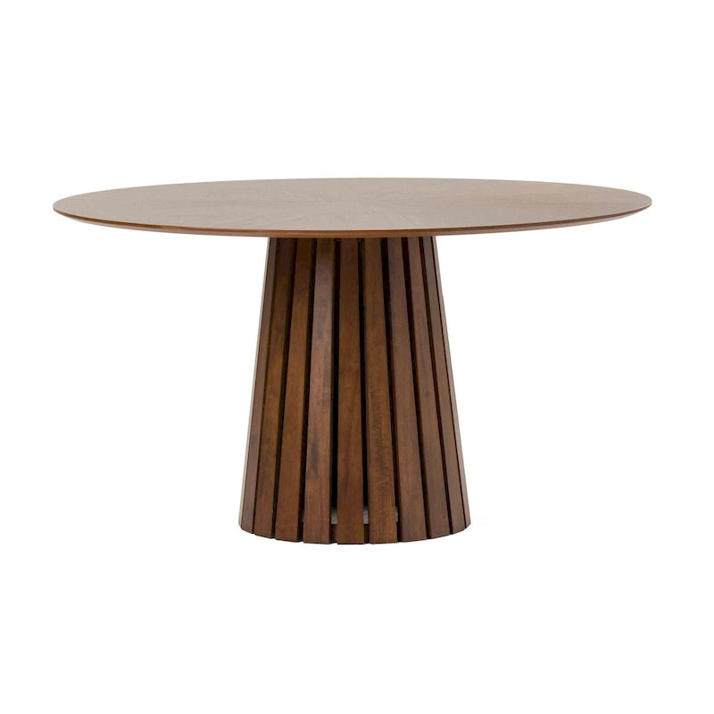 Table à manger ronde de 54 pouces, placage de noyer, piétement à lattes