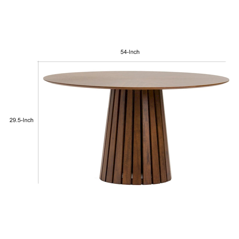 Table à manger ronde de 54 pouces, placage de noyer, piétement à lattes