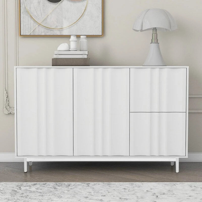 Meuble de Rangement Motif Vague avec 2 Portes et 2 Tiroirs, Réglable, Adapté pour Bureau, Entrée et Salon
