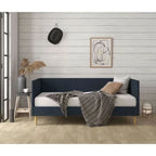 Lit de repos double moderne du milieu du siècle en lin bleu foncé