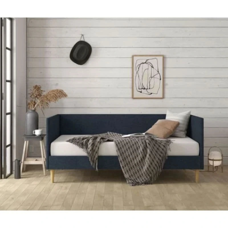 Lit de repos double moderne du milieu du siècle en lin bleu foncé